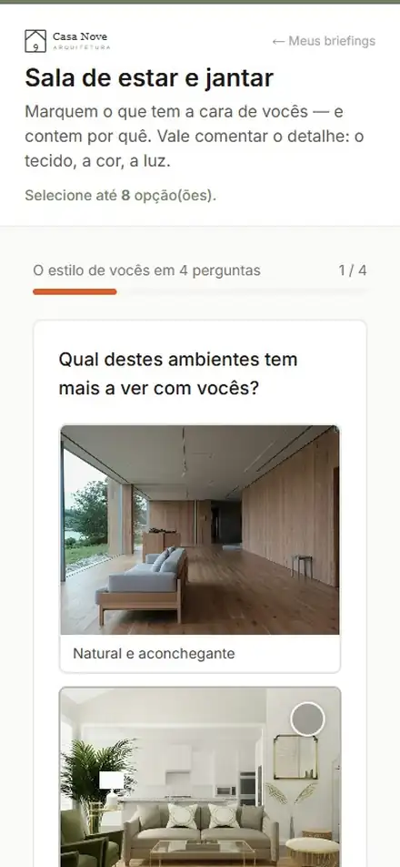 No celular, a cliente responde o questionário de estilo em quatro perguntas e cai na galeria de referências