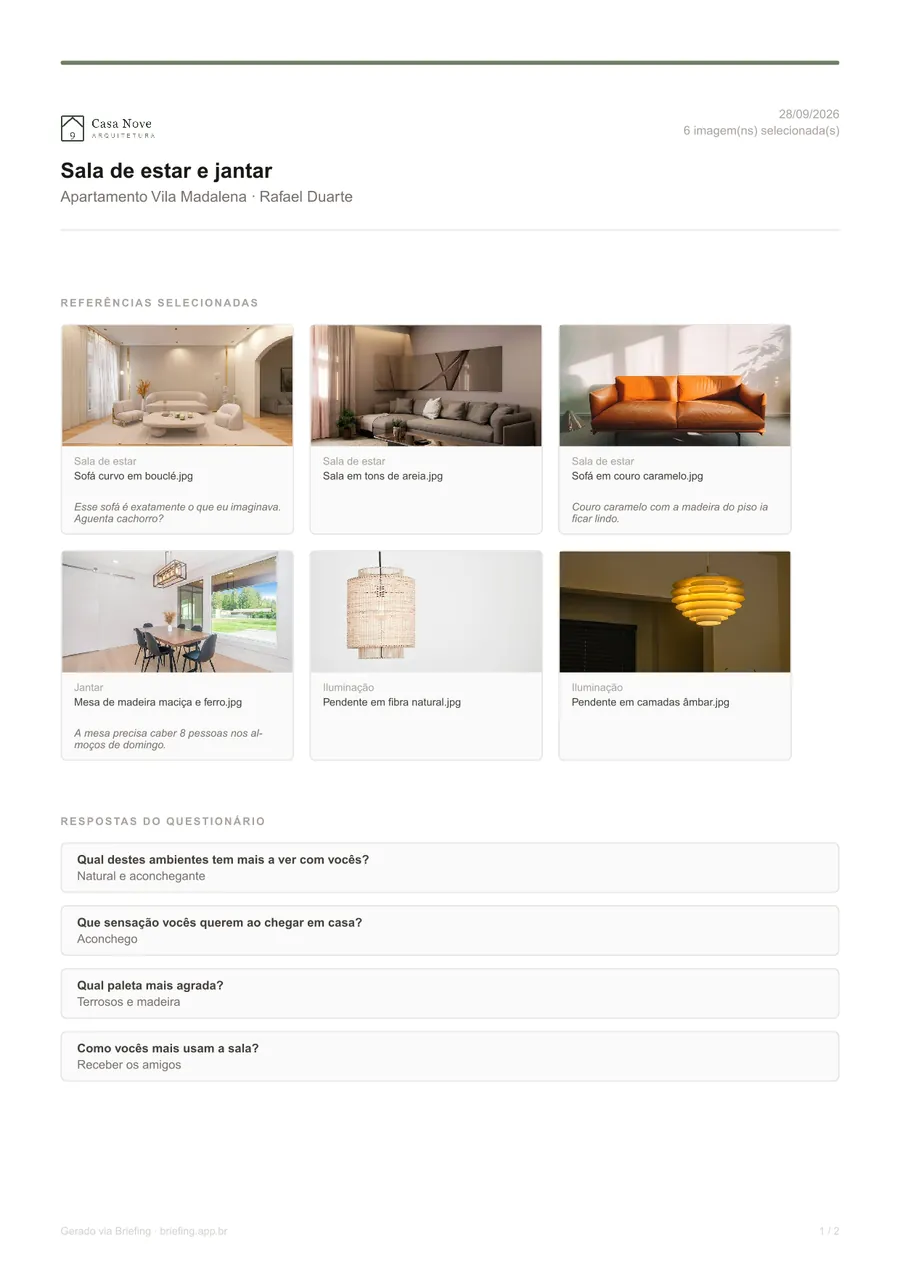 Primeira página do PDF da devolutiva, com o logo Casa Nove Arquitetura, as seis referências escolhidas com comentários e as respostas do questionário
