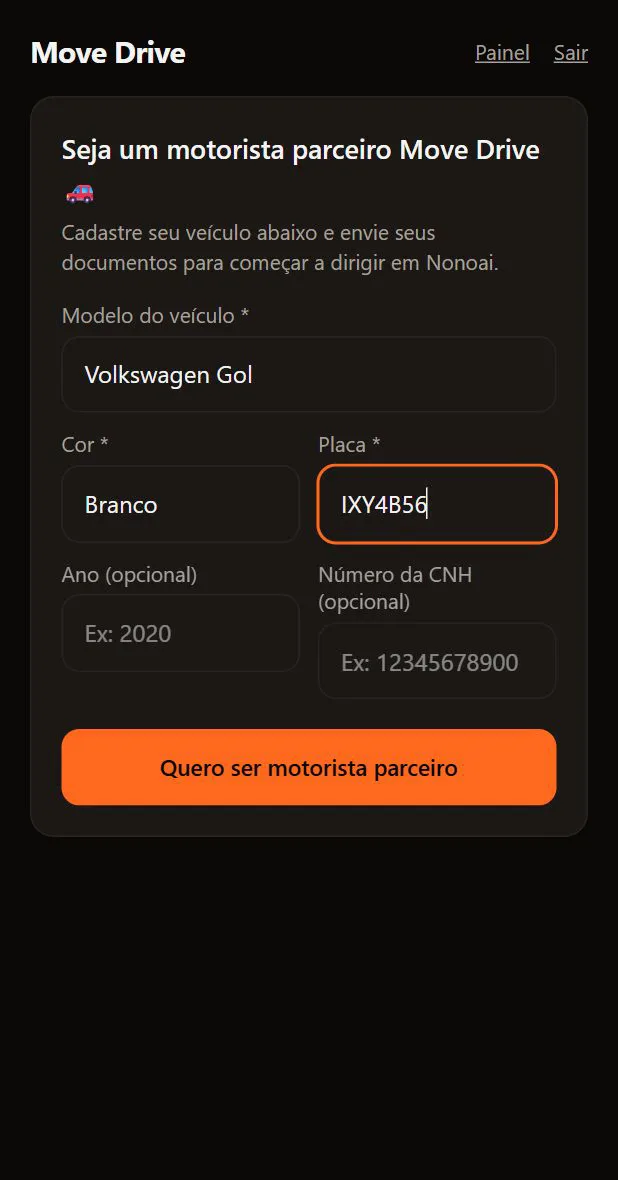 O cadastro do motorista: modelo, cor e placa do carro